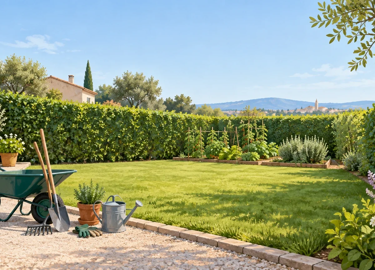Jardin résidentiel entretenu avec une haie, une pelouse et un potager