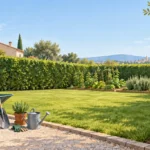 Jardin résidentiel entretenu avec une haie, une pelouse et un potager