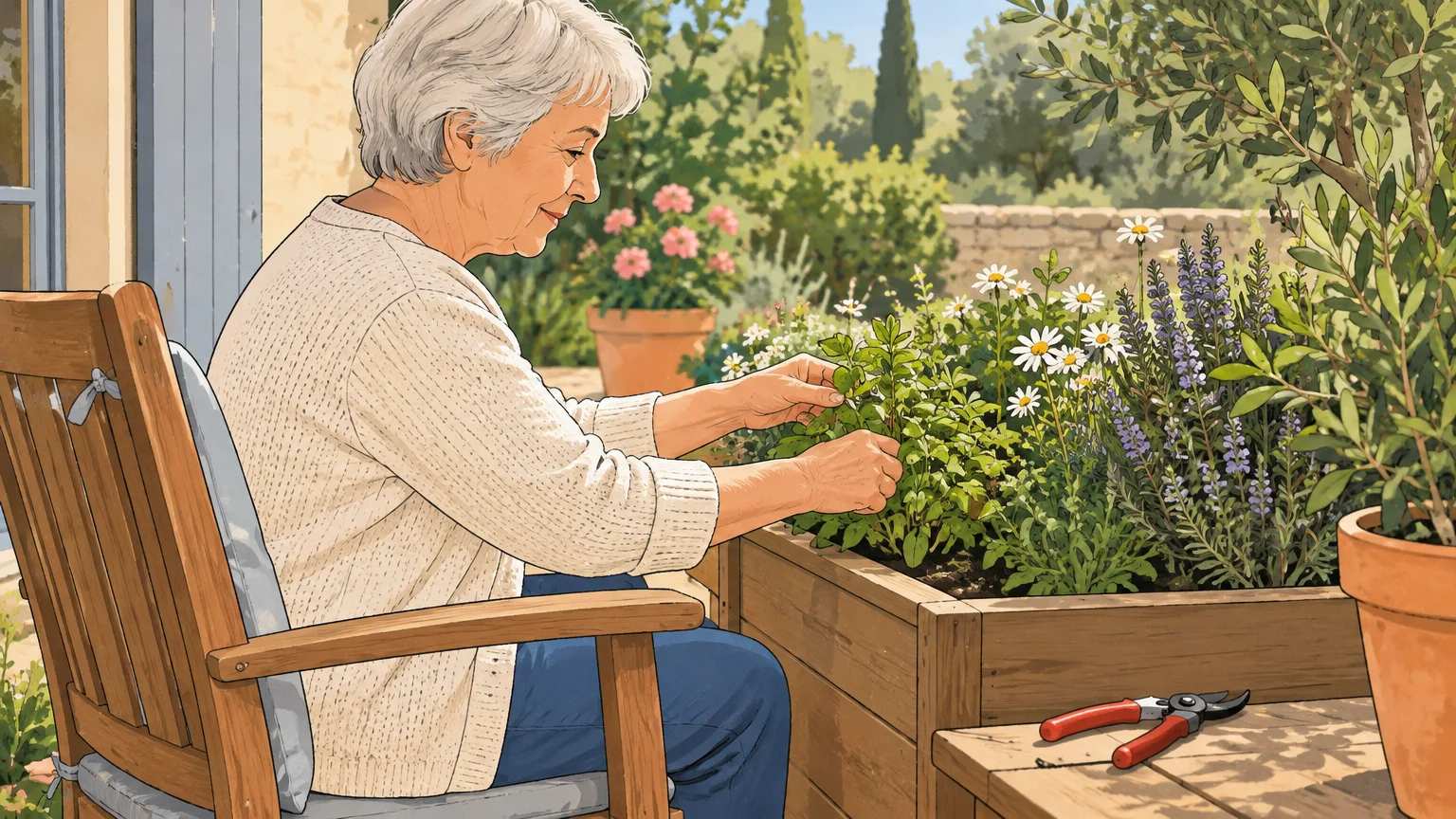 Personne âgée entretenant un bac de plantes à hauteur accessible
