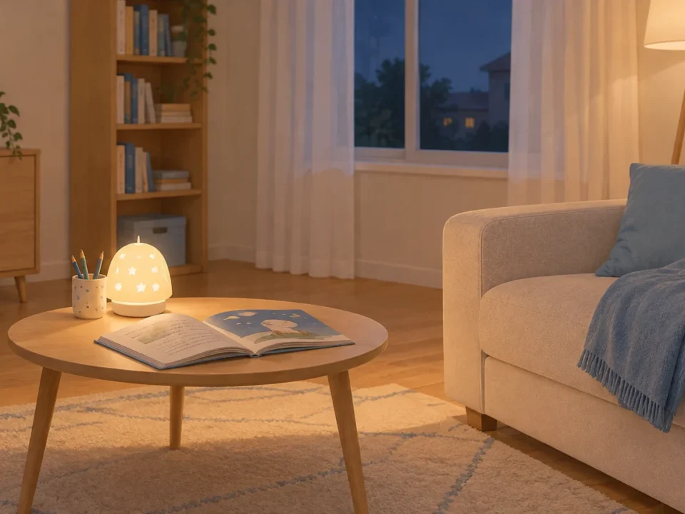 Salon familial calme préparé pour une garde d’enfants en soirée