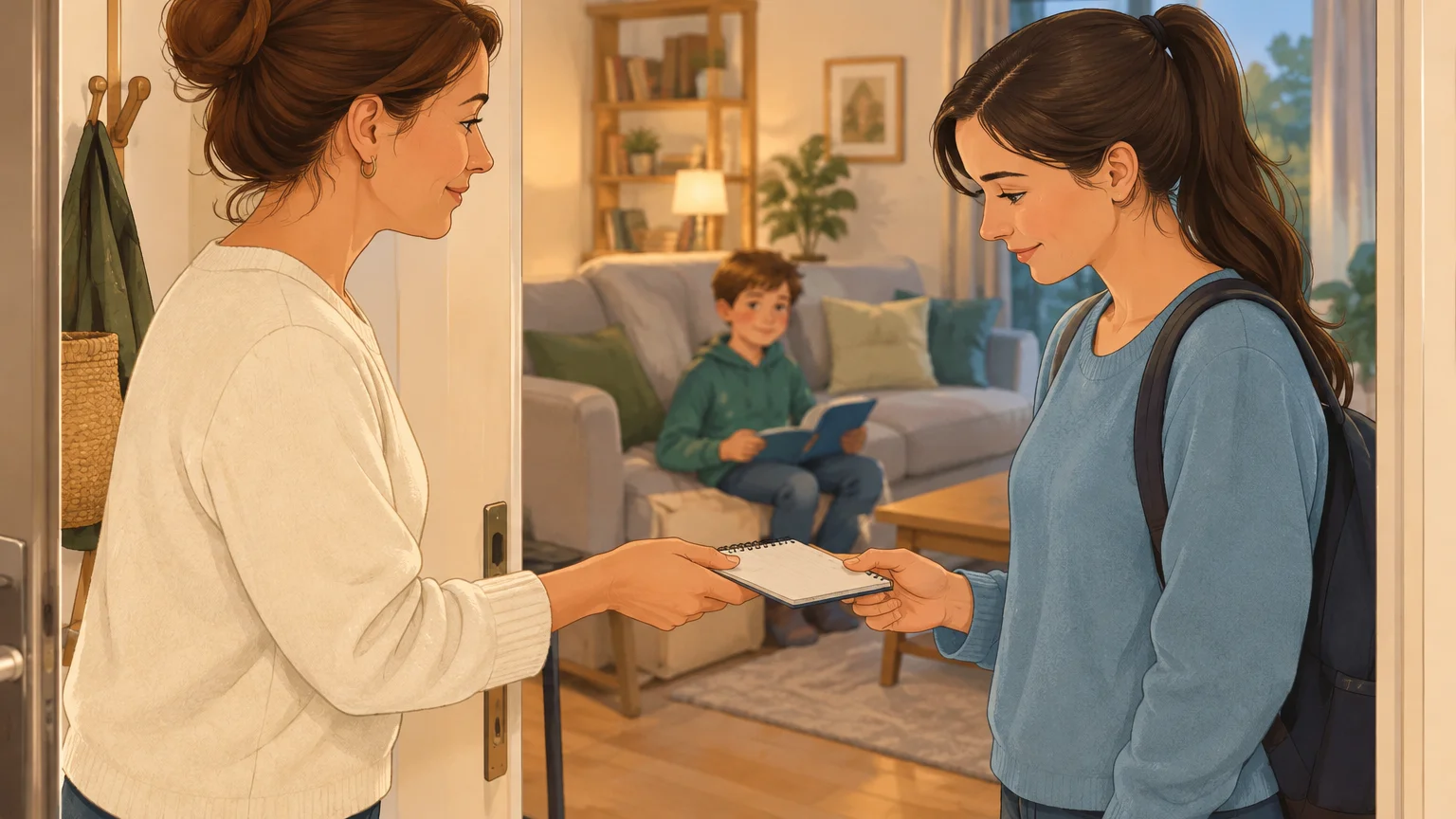 Un parent transmet les consignes de la soirée à une baby-sitter à domicile