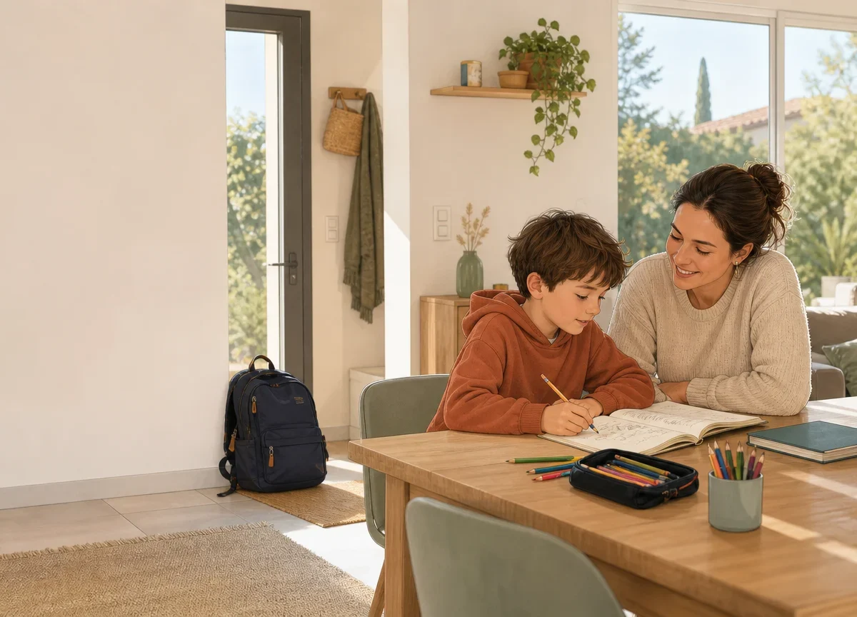Une professionnelle accompagne un enfant après l’école dans un intérieur familial lumineux