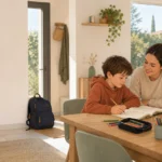 Une professionnelle accompagne un enfant après l’école dans un intérieur familial lumineux