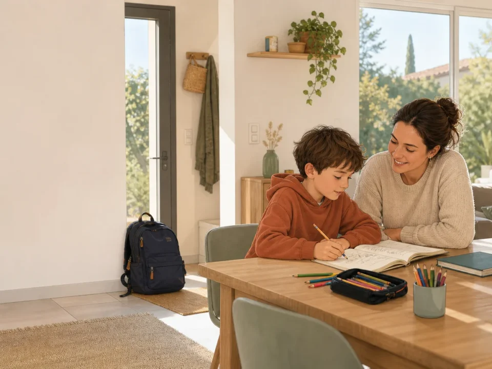 Une professionnelle accompagne un enfant après l’école dans un intérieur familial lumineux