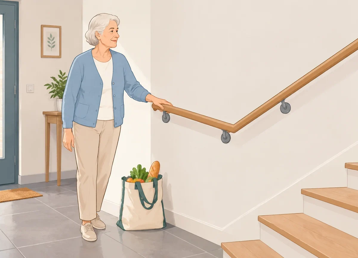 Une personne âgée s’appuie sur une rampe dans l’entrée de son domicile