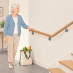 Une personne âgée s’appuie sur une rampe dans l’entrée de son domicile