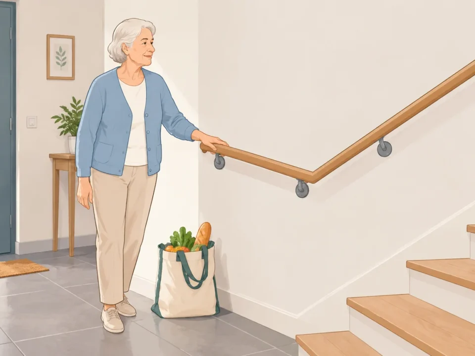 Une personne âgée s’appuie sur une rampe dans l’entrée de son domicile