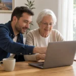 Une personne âgée reçoit une aide informatique à domicile dans un logement du sud de la France.