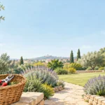 Outils et allée dans un jardin entretenu