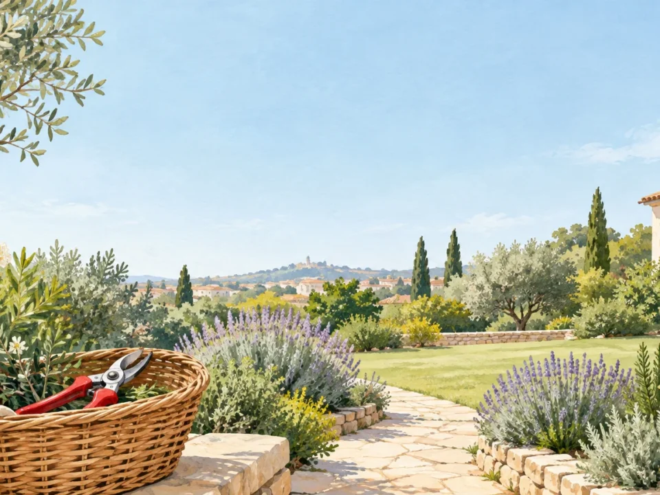Outils et allée dans un jardin entretenu