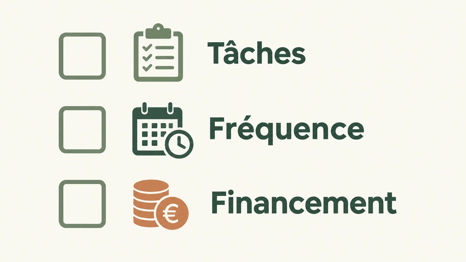 Checklist pour préciser les tâches, la fréquence et le financement du jardinage