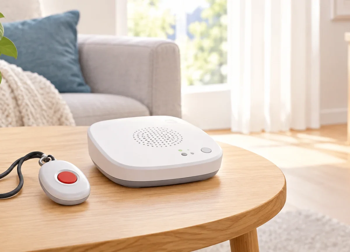 Médaillon et boîtier de téléassistance posés dans un logement