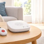 Médaillon et boîtier de téléassistance posés dans un logement