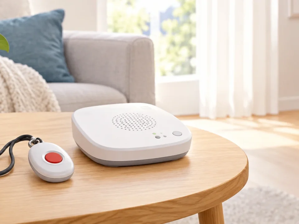 Médaillon et boîtier de téléassistance posés dans un logement