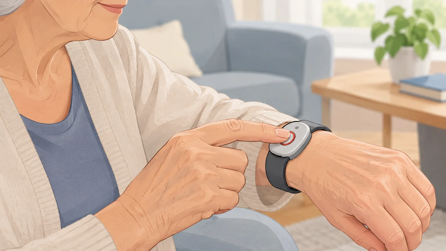 Une personne âgée déclenche manuellement son bouton de téléassistance à domicile
