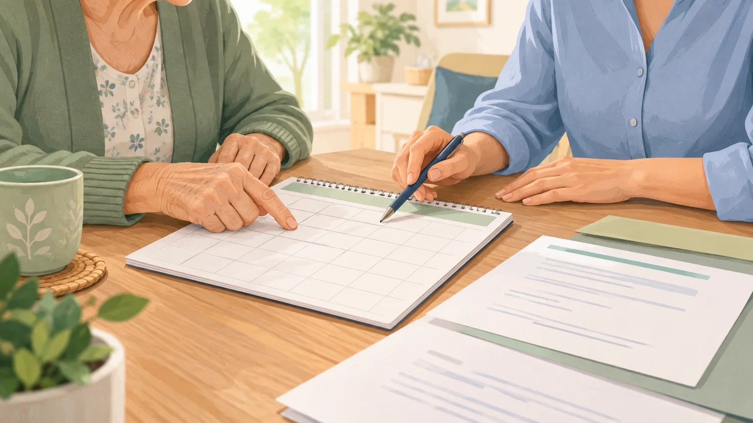 Des mains examinent un calendrier et des documents pour organiser une aide à domicile