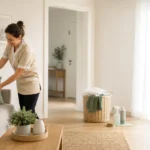 Intervenante assurant l’entretien d’un logement à domicile