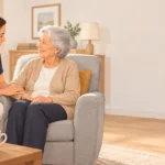 Une aide à domicile échange avec une personne âgée dans un intérieur lumineux près de Montpellier