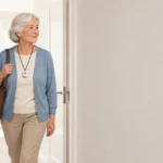 Personne âgée chez elle portant un médaillon de téléassistance