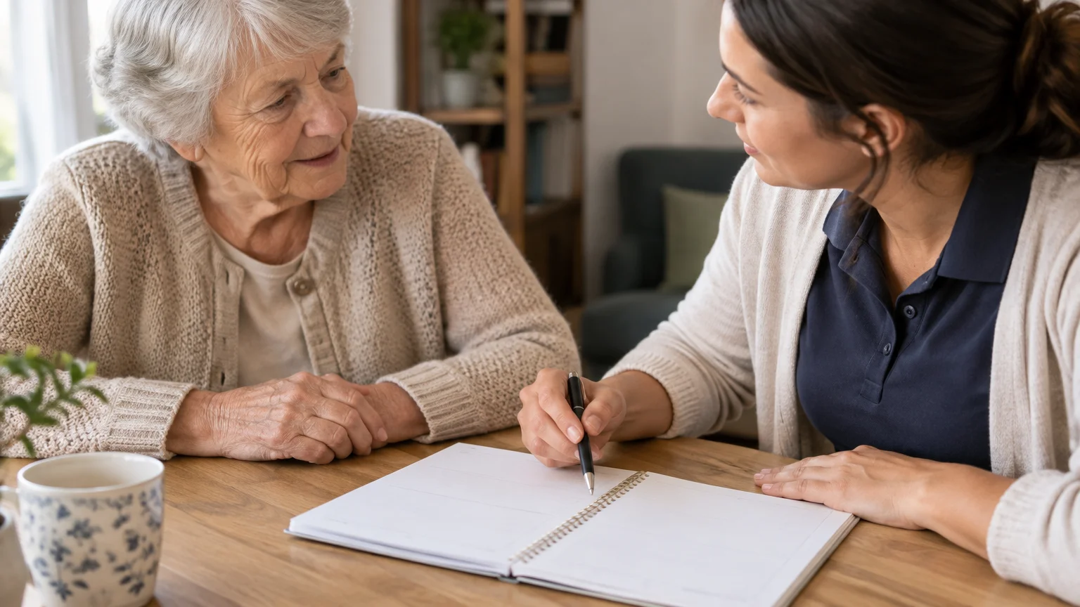 Échange entre une personne âgée et une aide à domicile autour de l’organisation des interventions