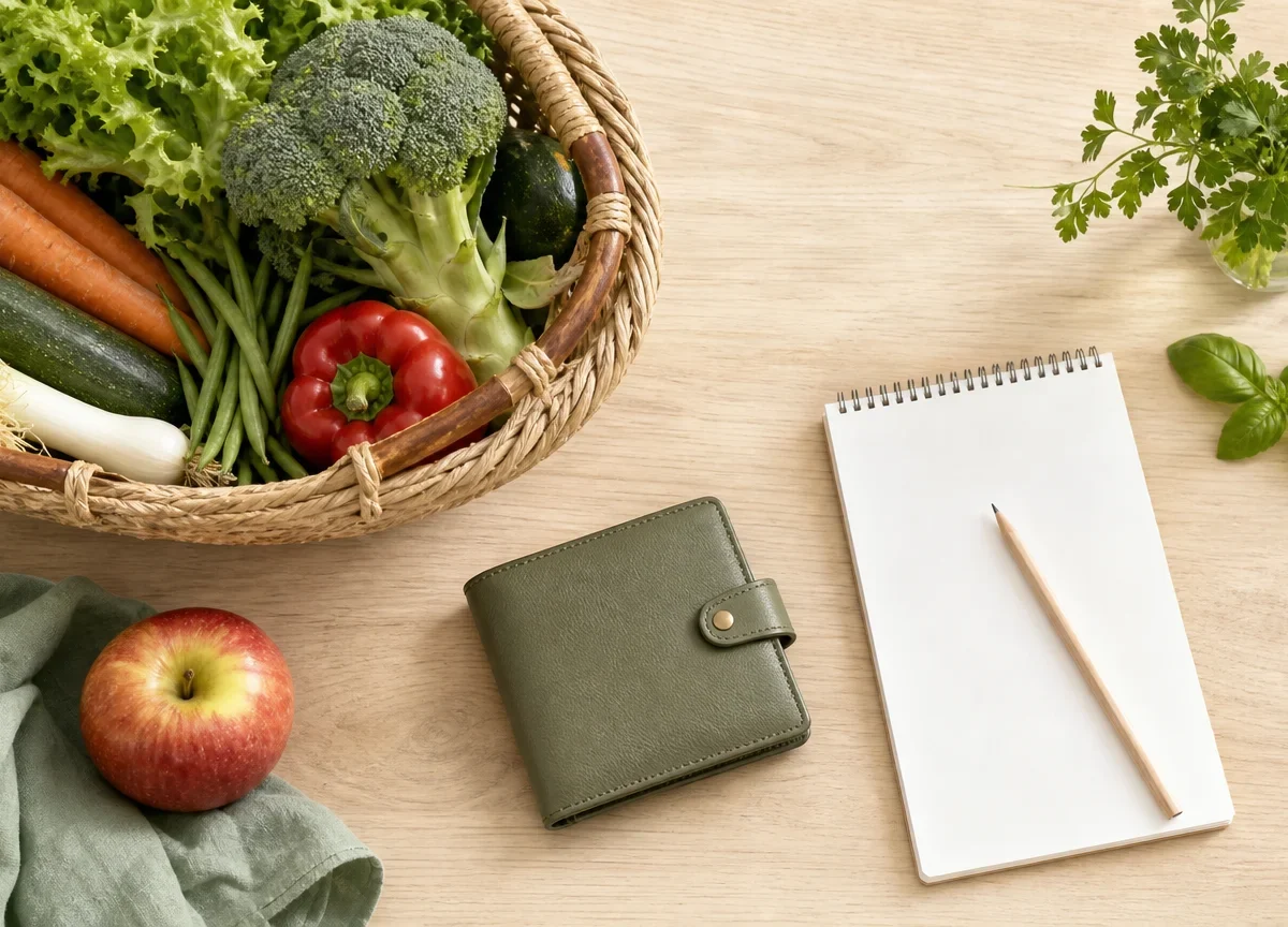 Panier de courses et liste vierge avec des produits frais