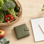 Panier de courses et liste vierge avec des produits frais