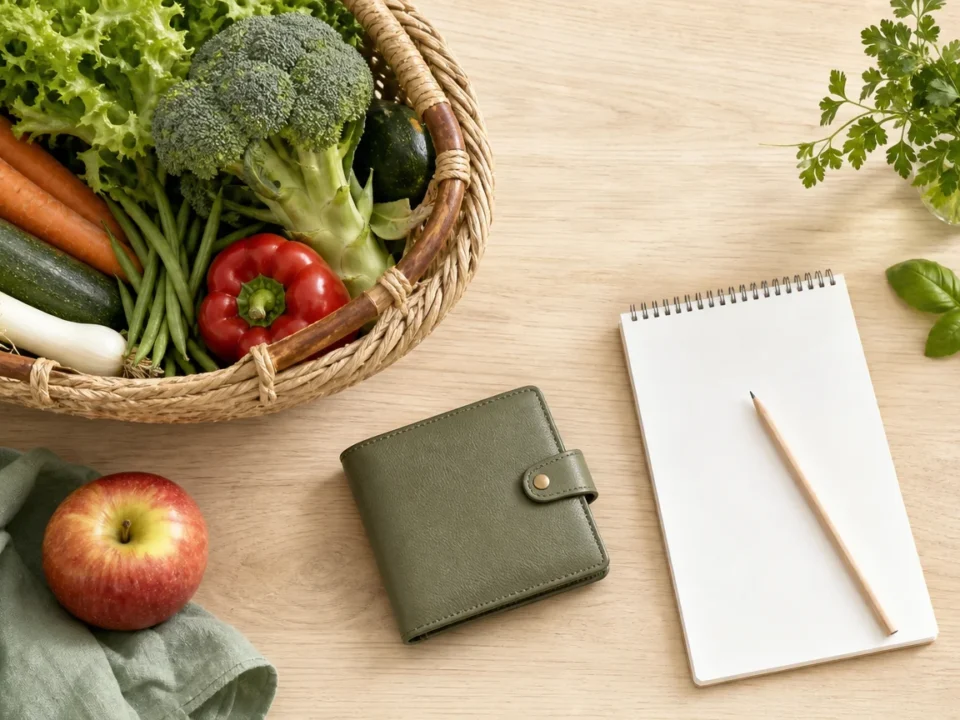 Panier de courses et liste vierge avec des produits frais