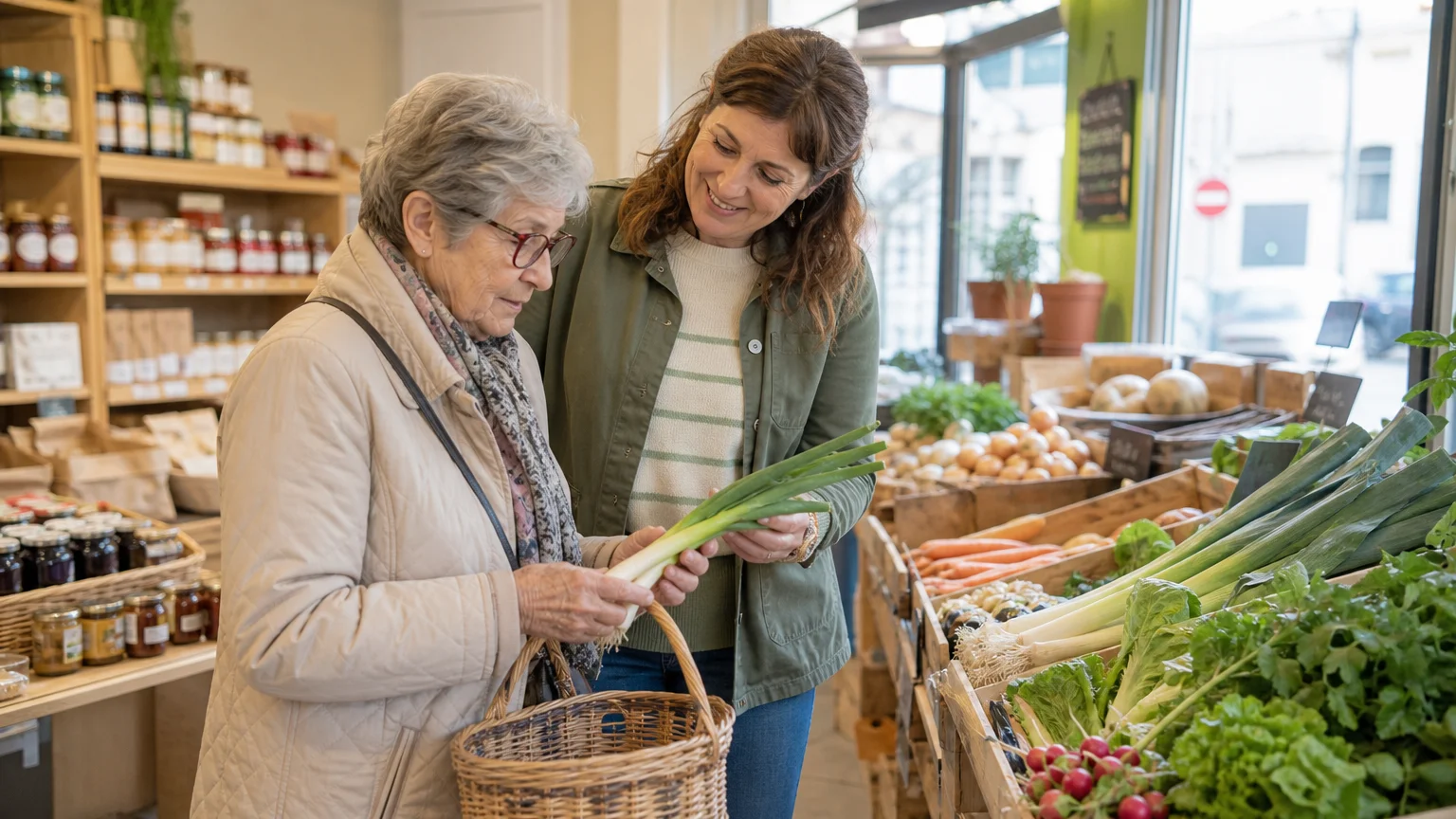 Une personne âgée choisit des produits accompagnée dans une épicerie
