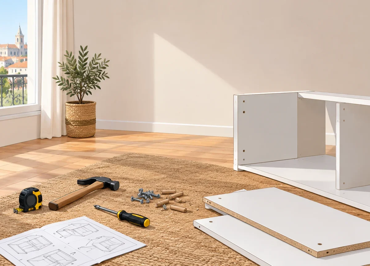 Outils simples près d’un meuble en kit à assembler