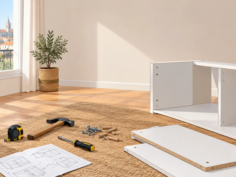 Outils simples près d’un meuble en kit à assembler