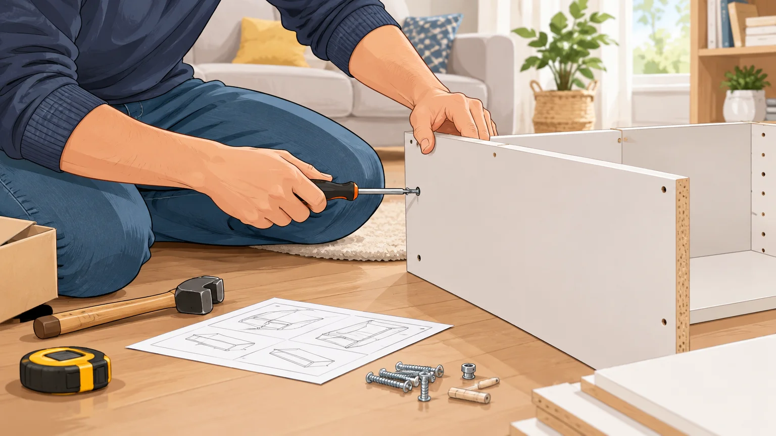 Assemblage d’un petit meuble en kit dans un logement