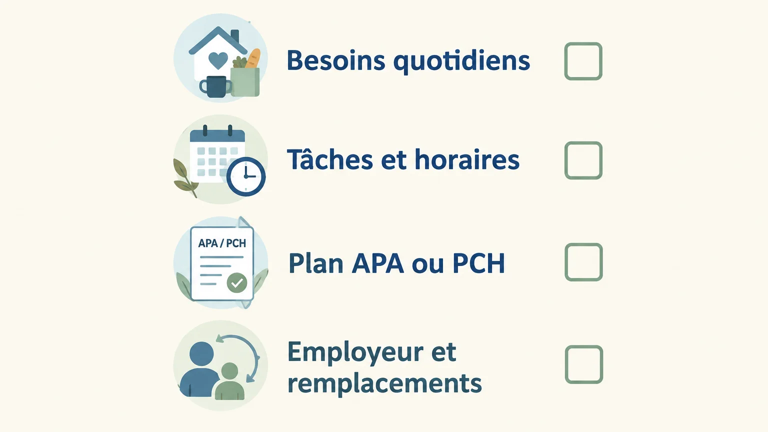 Liste de vérification avant de mettre en place une aide à domicile avec l’APA ou la PCH