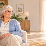 Une personne âgée chez elle, portant un médaillon d’alerte, dans un intérieur lumineux évoquant le sud de la France.
