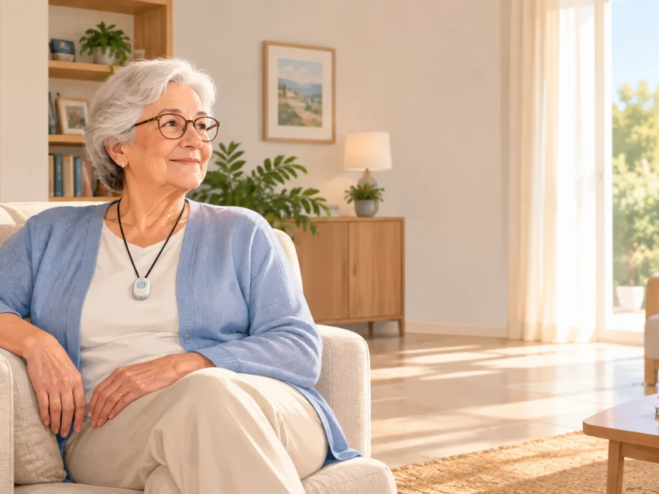 Une personne âgée chez elle, portant un médaillon d’alerte, dans un intérieur lumineux évoquant le sud de la France.