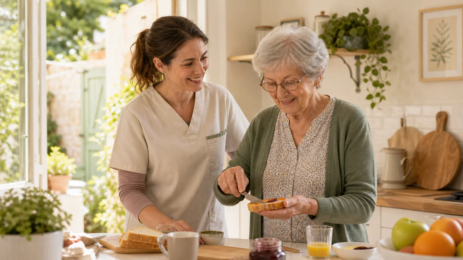 Une aide à domicile accompagne une personne âgée dans sa cuisine