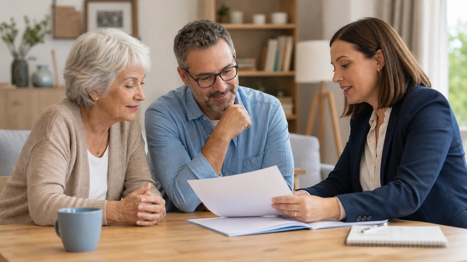 Une famille échange avec une conseillère sur l’organisation d’une aide à domicile