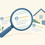 Loupe sur des avis génériques à côté d’une maison