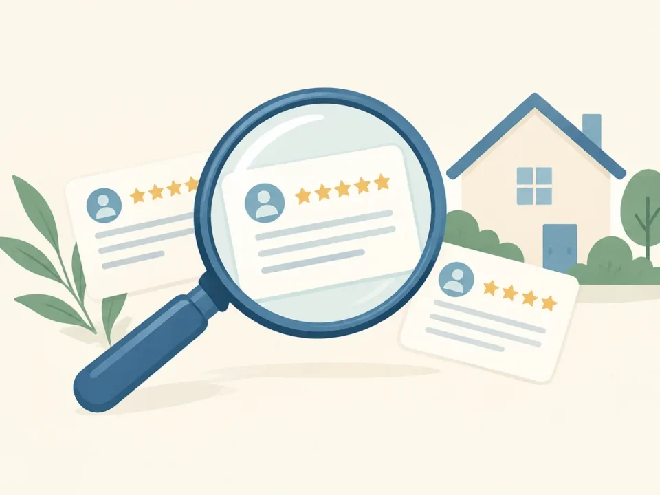 Loupe sur des avis génériques à côté d’une maison