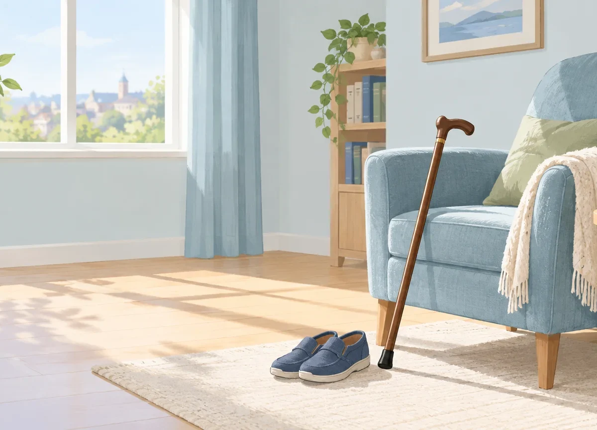 Un fauteuil et une canne dans un intérieur calme, évoquant le maintien à domicile