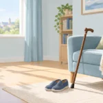 Un fauteuil et une canne dans un intérieur calme, évoquant le maintien à domicile