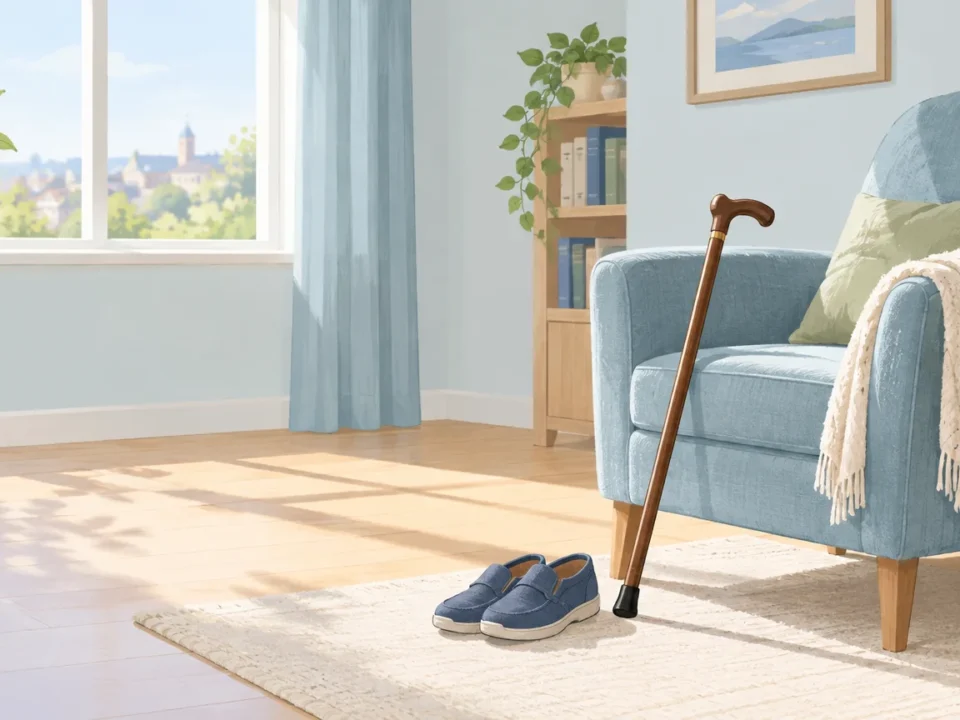 Un fauteuil et une canne dans un intérieur calme, évoquant le maintien à domicile