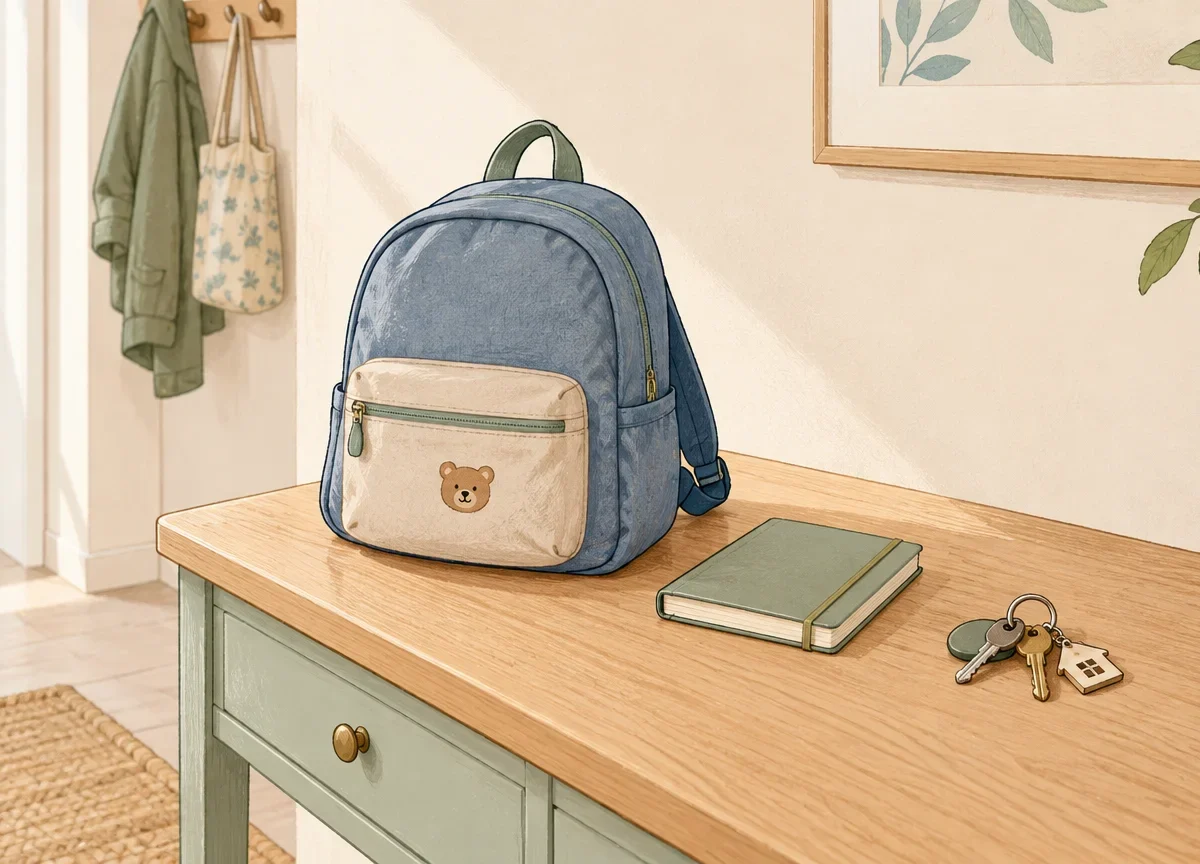 Sac d’enfant et carnet préparés avant une garde à domicile