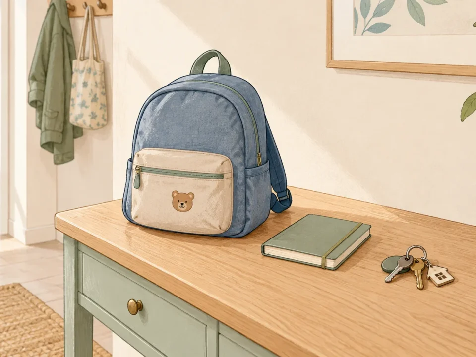 Sac d’enfant et carnet préparés avant une garde à domicile