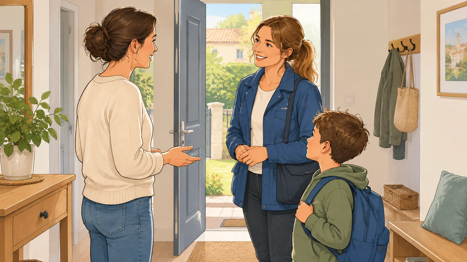 Un parent échange avec la garde d’enfants au moment de l’accueil