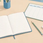 Cahier et fournitures préparés pour une séance de soutien scolaire