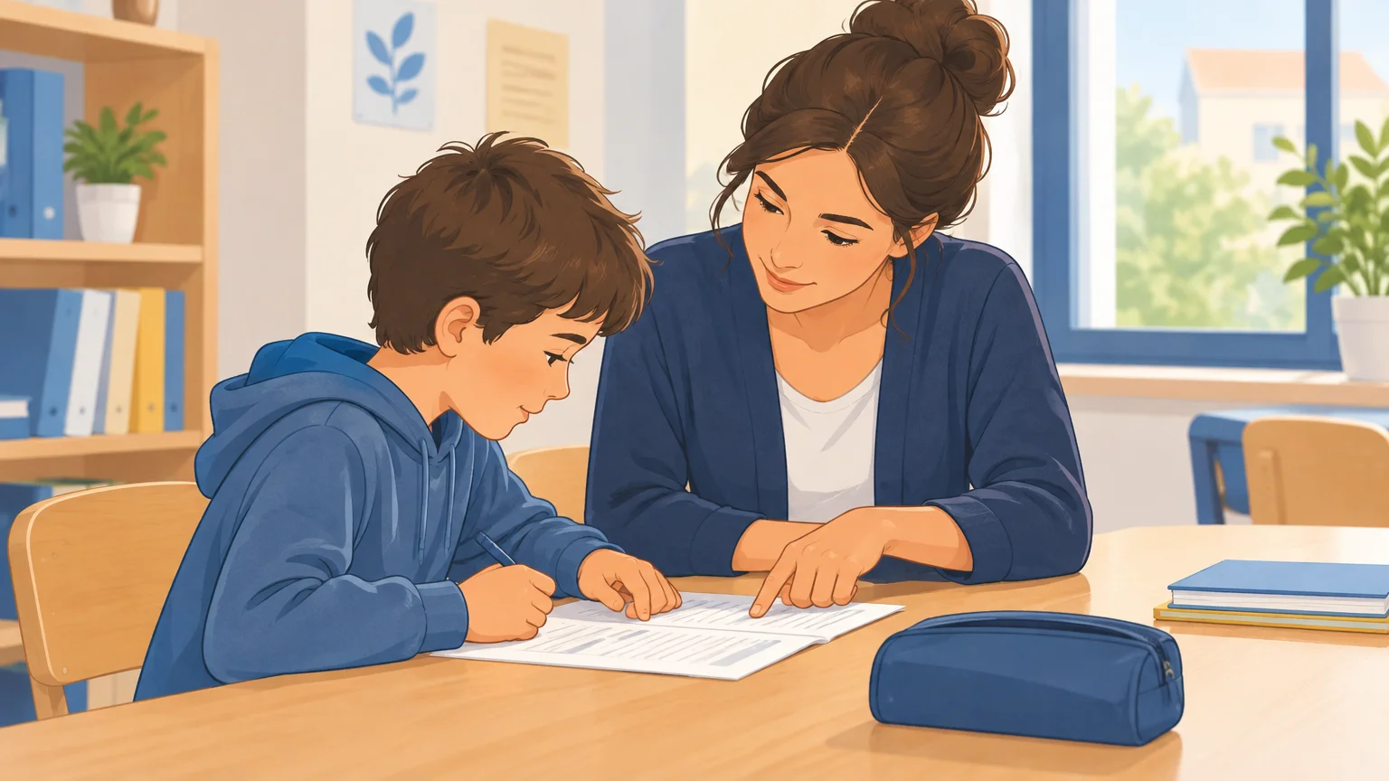 Un enfant révise avec un adulte dans une salle de travail