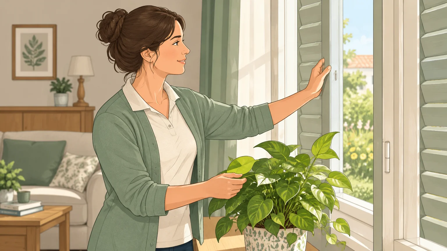 Une intervenante ouvre les volets et prend soin d’une plante pendant une visite de vigilance à domicile