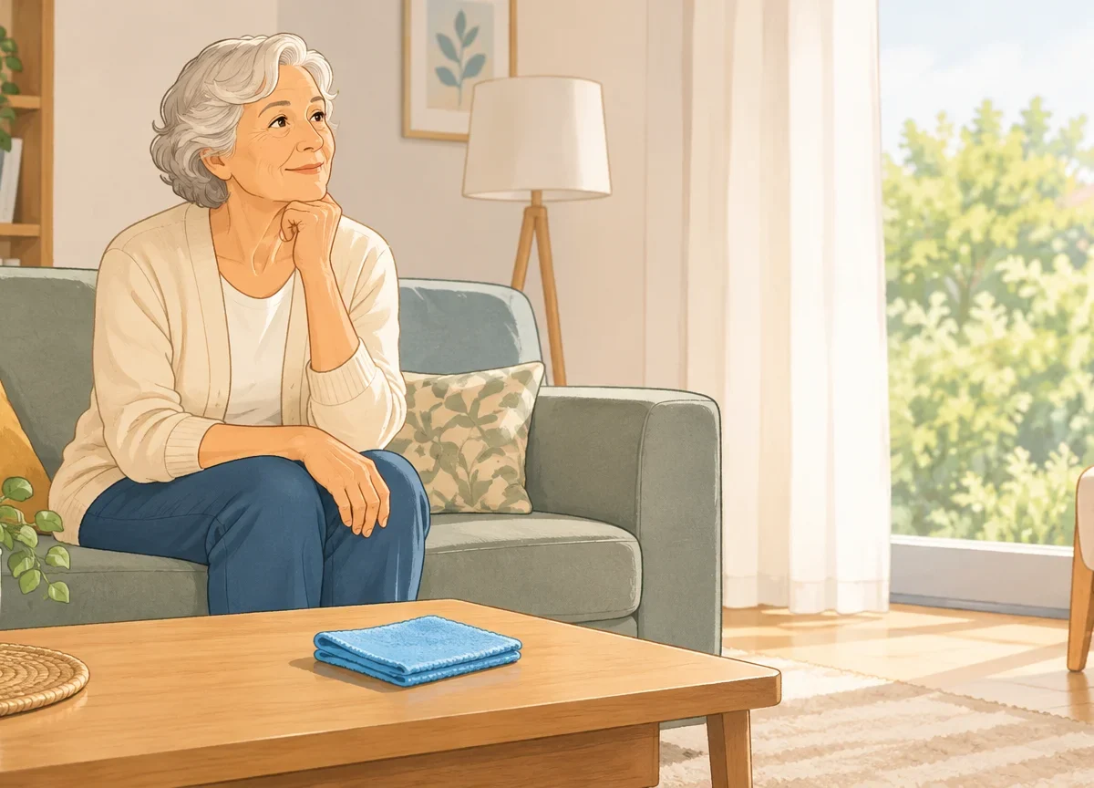 Senior dans un salon lumineux et entretenu à domicile