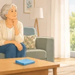 Senior dans un salon lumineux et entretenu à domicile