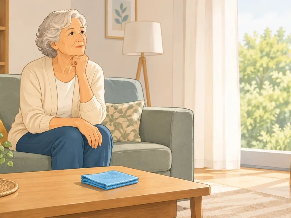 Senior dans un salon lumineux et entretenu à domicile